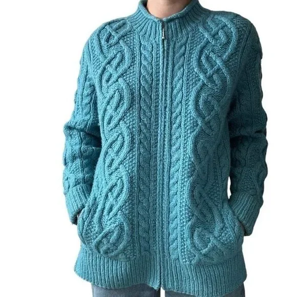 Vintage Womens Teal Blue 100% Wool Chunky Fisherman Celtic Cardigan Sz L - Picture 2 of 6
